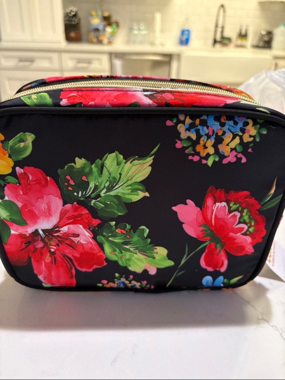 Conair Black Floral Cosmetic Bag with Multicolor Blooms - Picture 6 of 6
